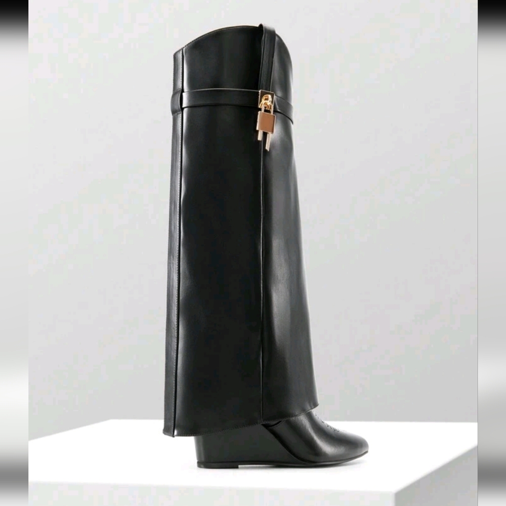 Women's Fold Over Pointed Toe Wedge Heels Knee High Boots Fashion Padlock Buckle - Picture 6 of 8